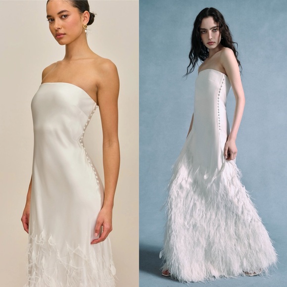 Cult Gaia Mariana Silk Feather Trimmed Strapless Gown Off White Bridal Wedding - Picture 14 of 14